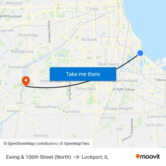 Ewing & 106th Street (North) to Lockport, IL map