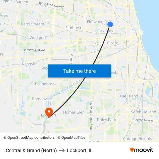 Central & Grand (North) to Lockport, IL map