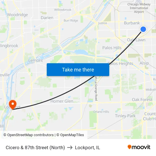 Cicero & 87th Street (North) to Lockport, IL map