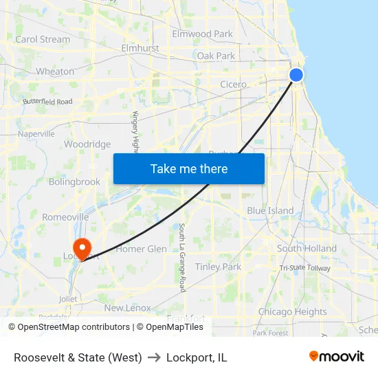 Roosevelt & State (West) to Lockport, IL map