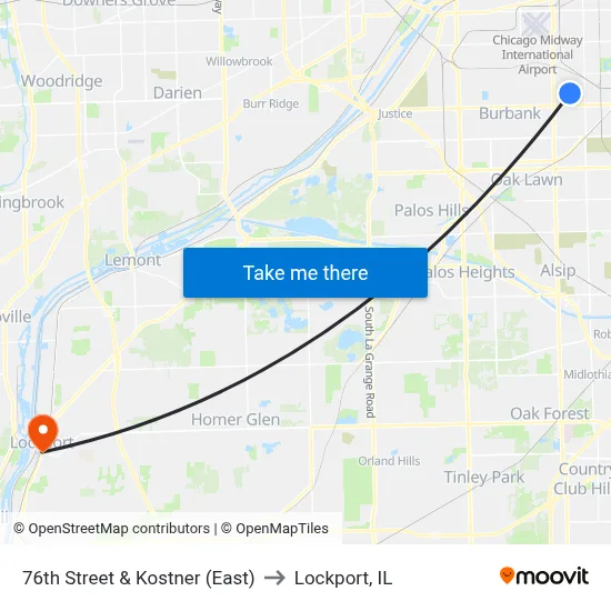 76th Street & Kostner (East) to Lockport, IL map