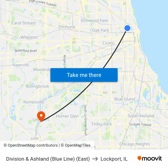 Division & Ashland (Blue Line) (East) to Lockport, IL map