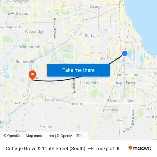 Cottage Grove & 115th Street (South) to Lockport, IL map