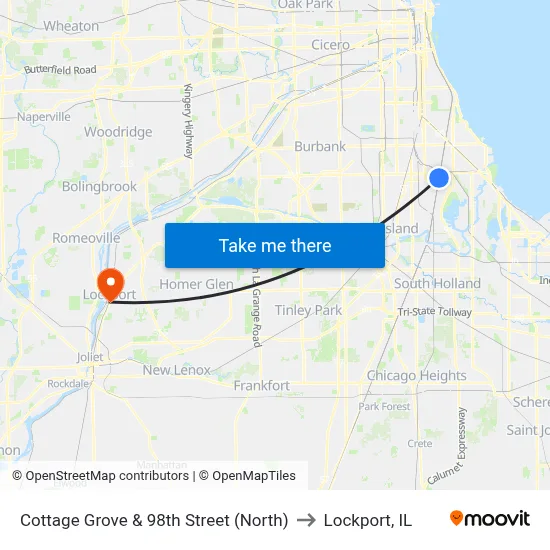 Cottage Grove & 98th Street (North) to Lockport, IL map