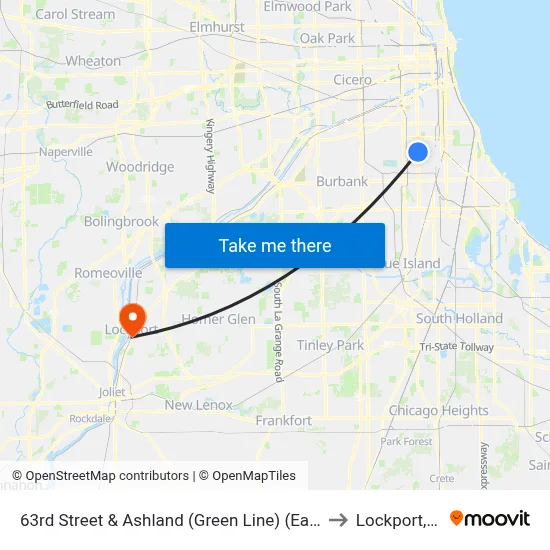 63rd Street & Ashland (Green Line) (East) to Lockport, IL map