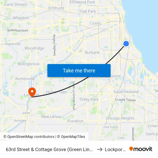 63rd Street & Cottage Grove (Green Line) (East) to Lockport, IL map