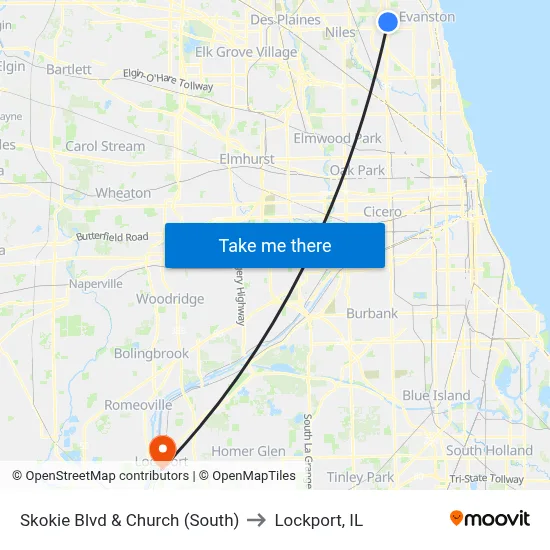 Skokie Blvd & Church (South) to Lockport, IL map