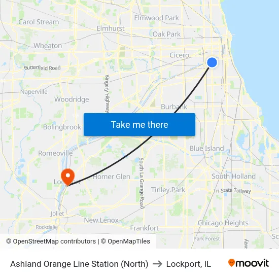 Ashland Orange Line Station (North) to Lockport, IL map