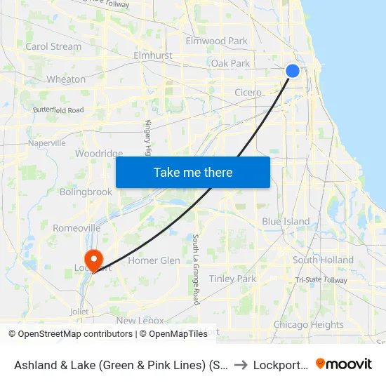 Ashland & Lake (Green & Pink Lines) (South) to Lockport, IL map