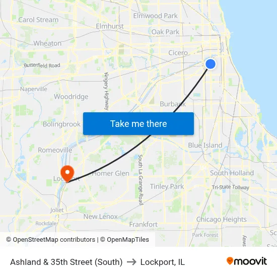 Ashland & 35th Street (South) to Lockport, IL map