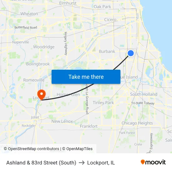 Ashland & 83rd Street (South) to Lockport, IL map
