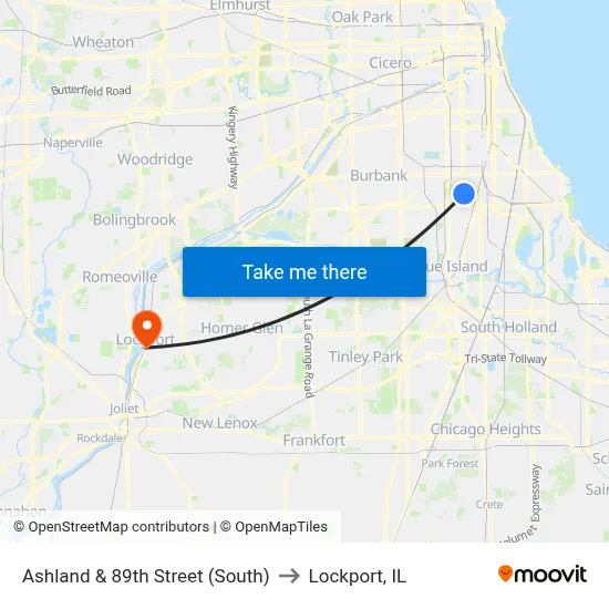 Ashland & 89th Street (South) to Lockport, IL map