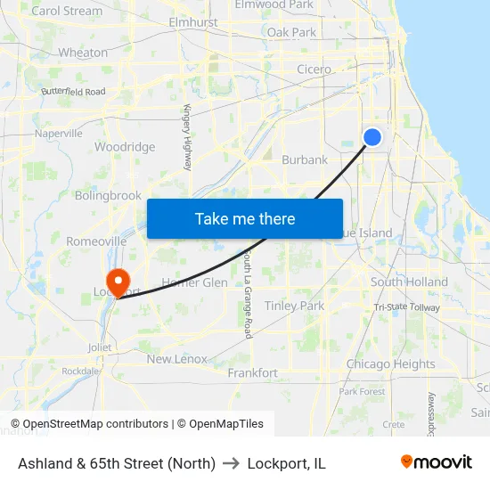 Ashland & 65th Street (North) to Lockport, IL map