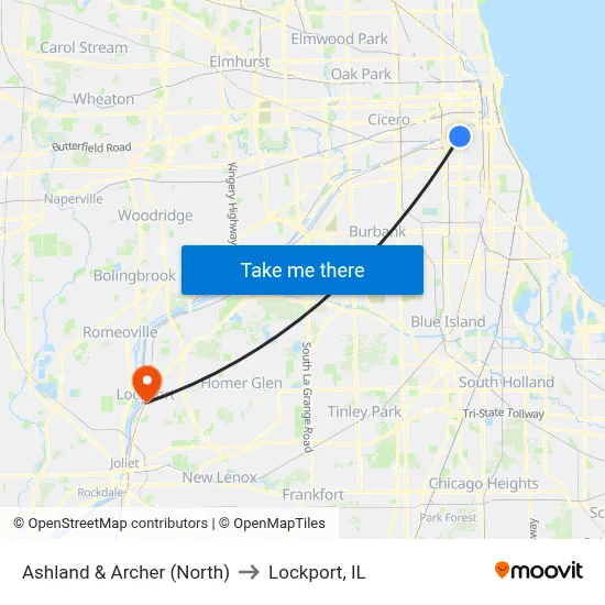 Ashland & Archer (North) to Lockport, IL map