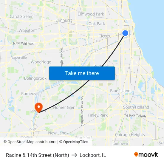 Racine & 14th Street (North) to Lockport, IL map