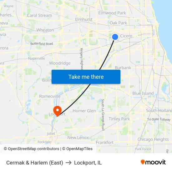 Cermak & Harlem (East) to Lockport, IL map