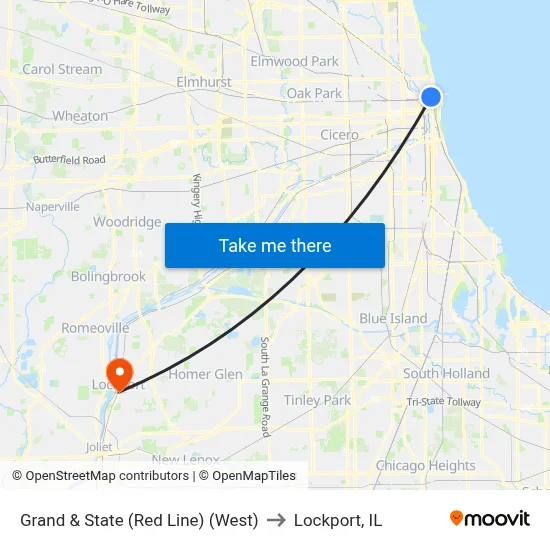 Grand & State (Red Line) (West) to Lockport, IL map
