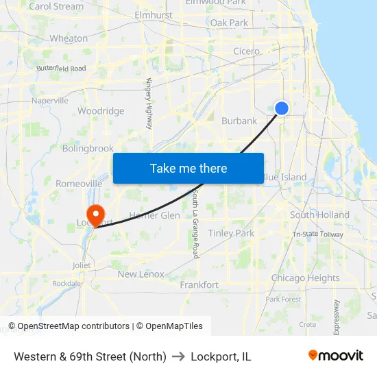 Western & 69th Street (North) to Lockport, IL map