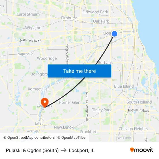 Pulaski & Ogden (South) to Lockport, IL map