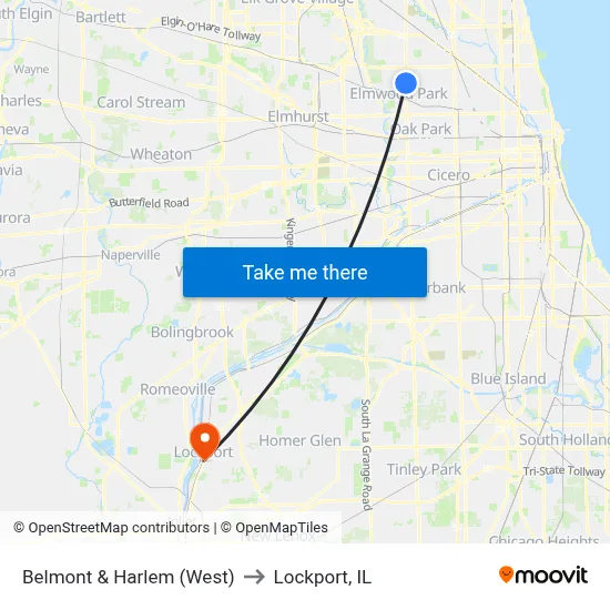 Belmont & Harlem (West) to Lockport, IL map