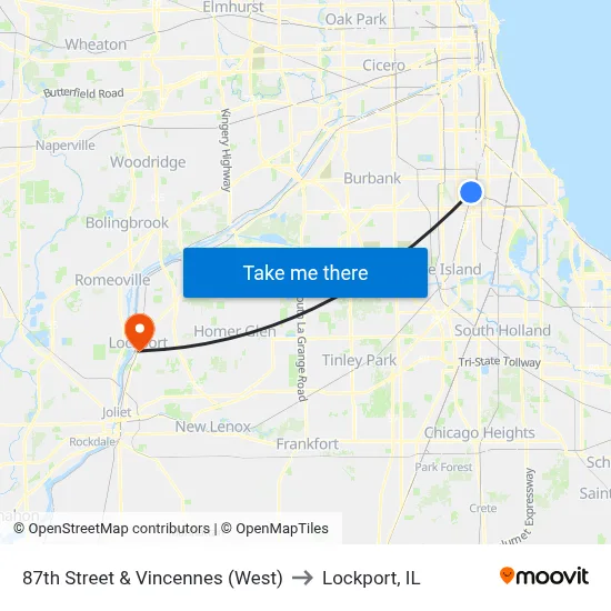 87th Street & Vincennes (West) to Lockport, IL map