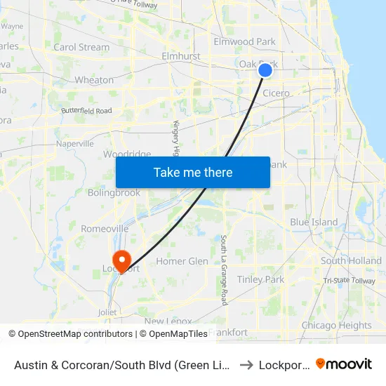 Austin & Corcoran/South Blvd (Green Line) (North) to Lockport, IL map