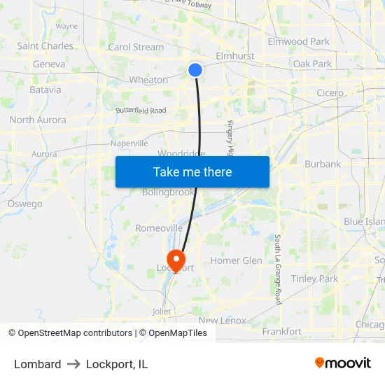 Lombard to Lockport, IL map