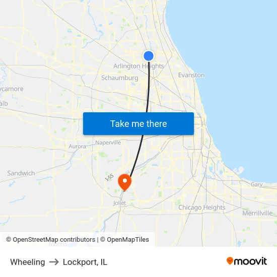 Wheeling to Lockport, IL map
