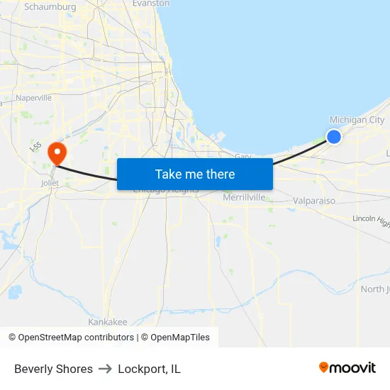 Beverly Shores to Lockport, IL map