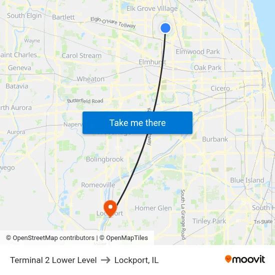Terminal 2 Lower Level to Lockport, IL map
