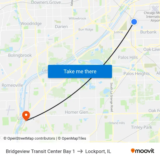 Bridgeview Transit Center Bay 1 to Lockport, IL map