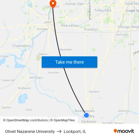 Olivet Nazarene University to Lockport, IL map