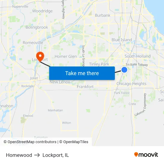 Homewood to Lockport, IL map