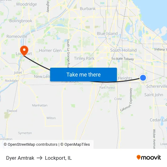 Dyer Amtrak to Lockport, IL map