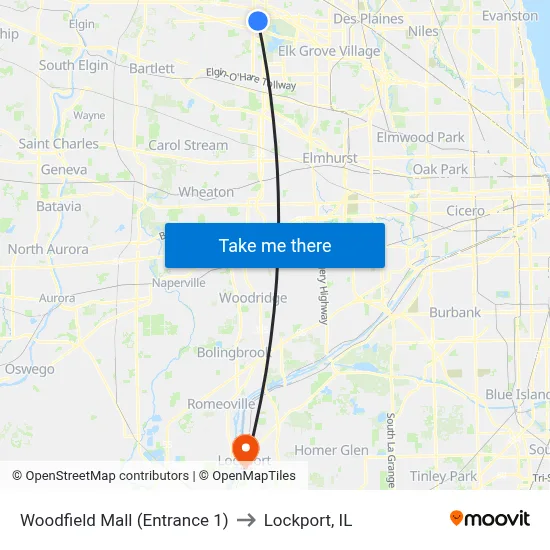 Woodfield Mall (Entrance 1) to Lockport, IL map