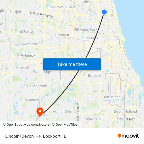 Lincoln/Devon to Lockport, IL map