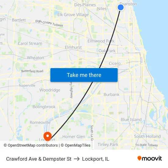 Crawford Ave & Dempster St to Lockport, IL map