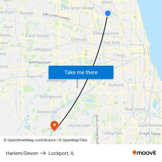 Harlem/Devon to Lockport, IL map