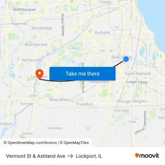 Vermont St & Ashland Ave to Lockport, IL map