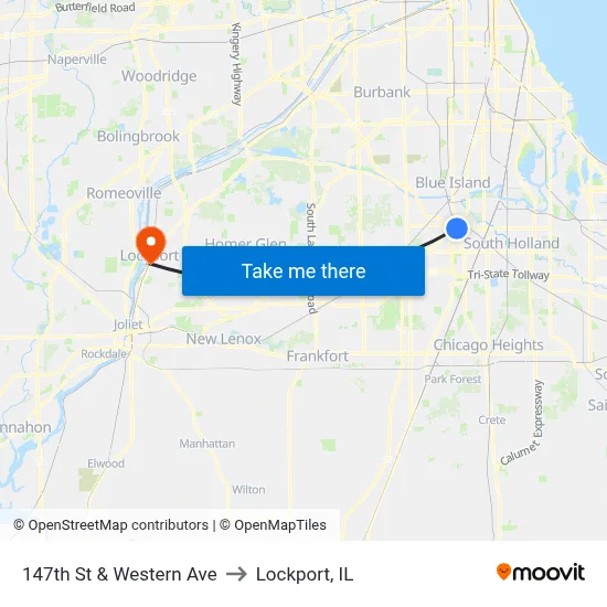 147th St & Western Ave to Lockport, IL map