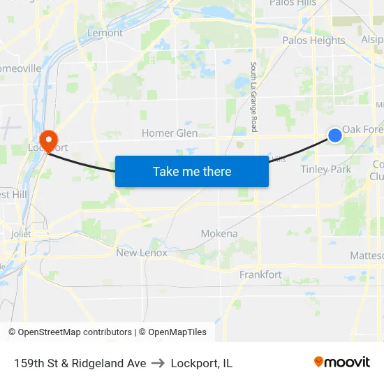 159th St & Ridgeland Ave to Lockport, IL map