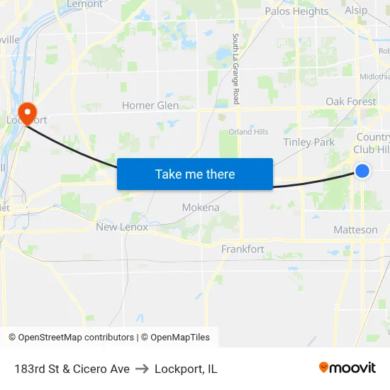 183rd St & Cicero Ave to Lockport, IL map