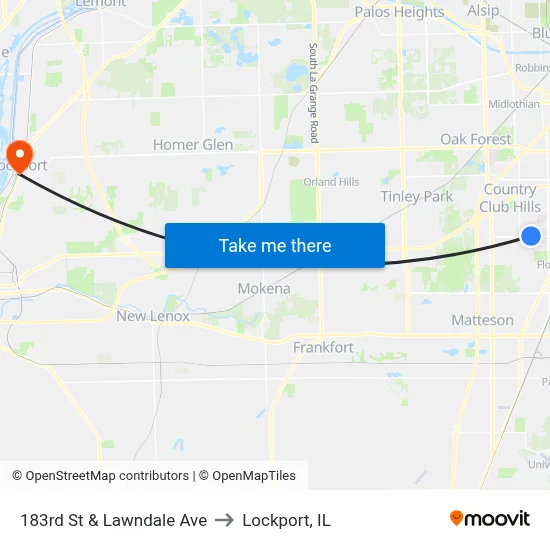 183rd St & Lawndale Ave to Lockport, IL map