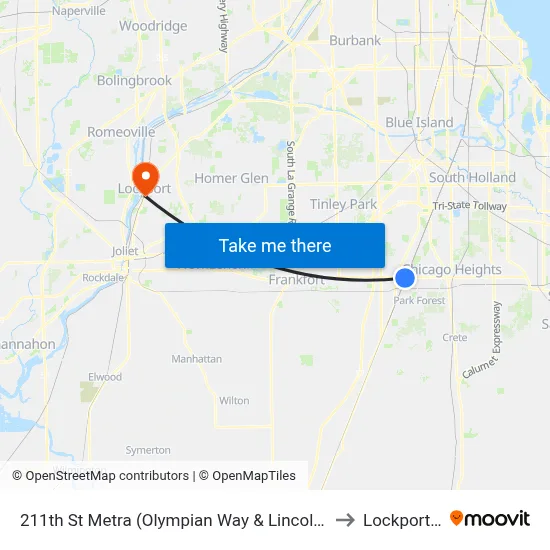 211th St Metra (Olympian Way & Lincoln Hwy) to Lockport, IL map