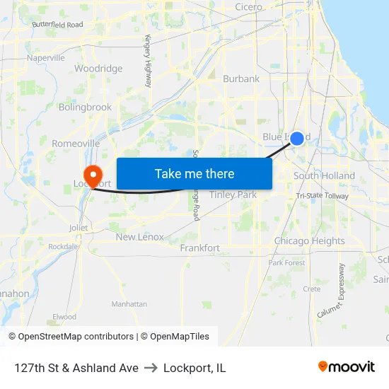 127th St & Ashland Ave to Lockport, IL map