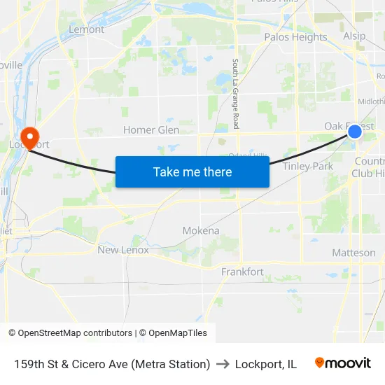 159th St & Cicero Ave (Metra Station) to Lockport, IL map
