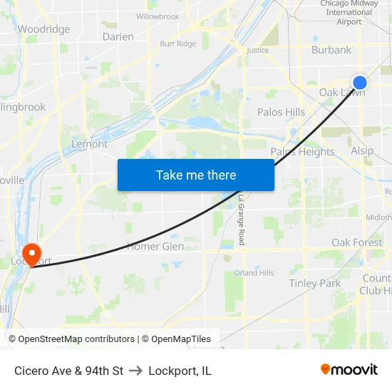 Cicero Ave & 94th St to Lockport, IL map