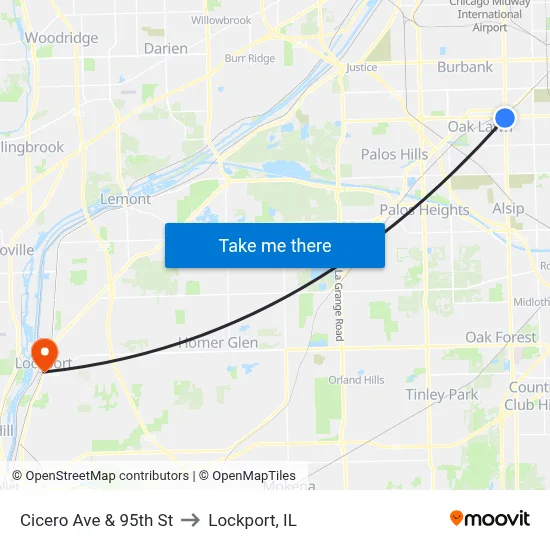 Cicero Ave & 95th St to Lockport, IL map