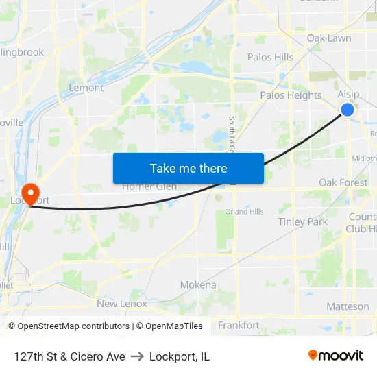 127th St & Cicero Ave to Lockport, IL map