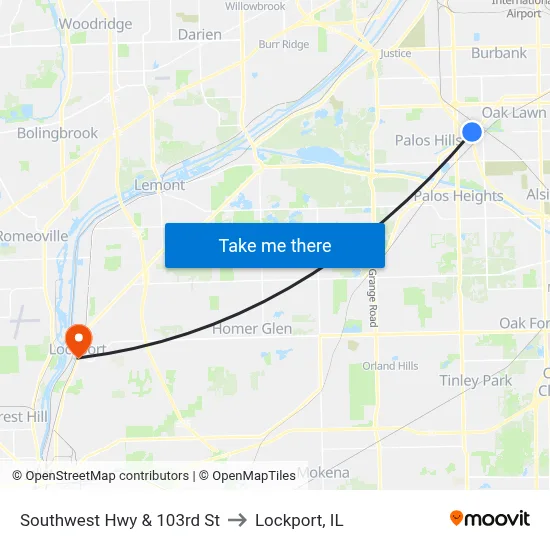 Southwest Hwy & 103rd St to Lockport, IL map